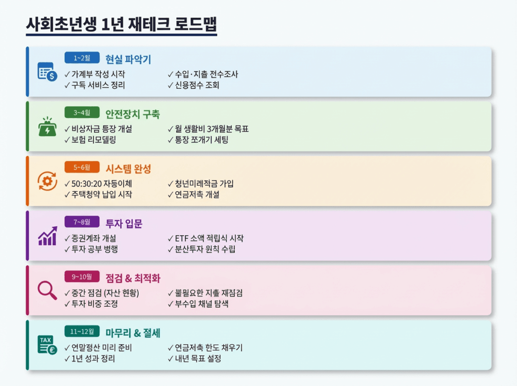 사회초년생 재테크 6단계 월별 로드맵 인포그래픽
